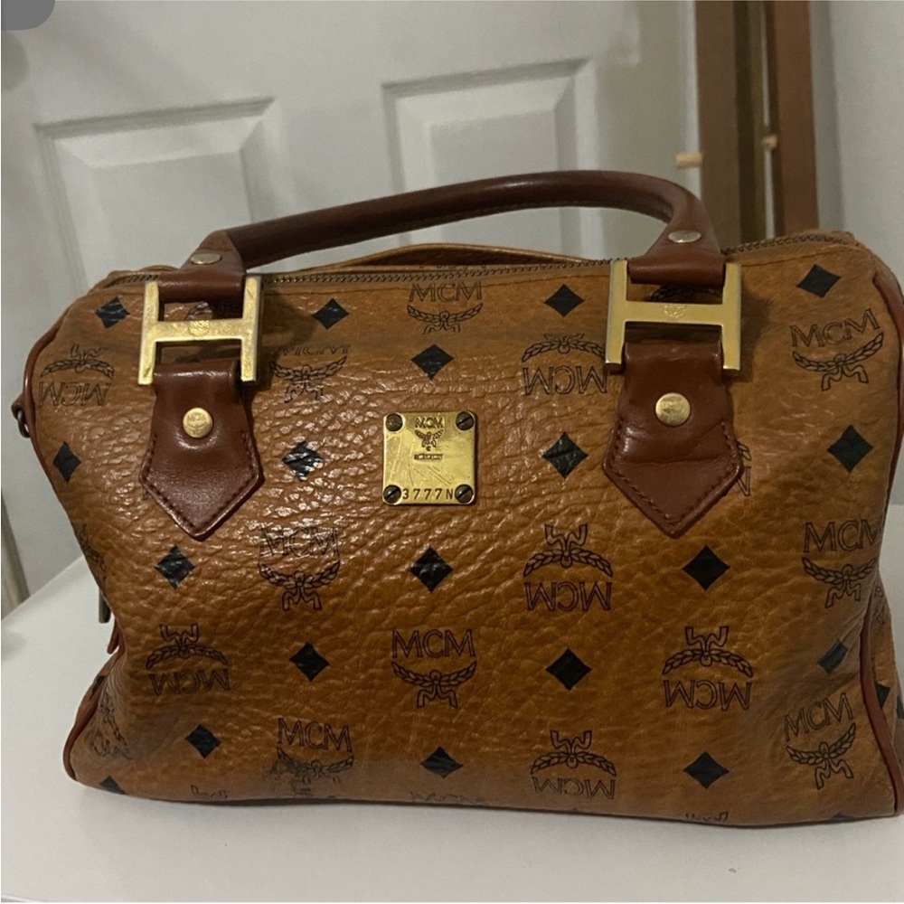 MCM Cognac Visetos Canvas Satchel with Gold Hardware